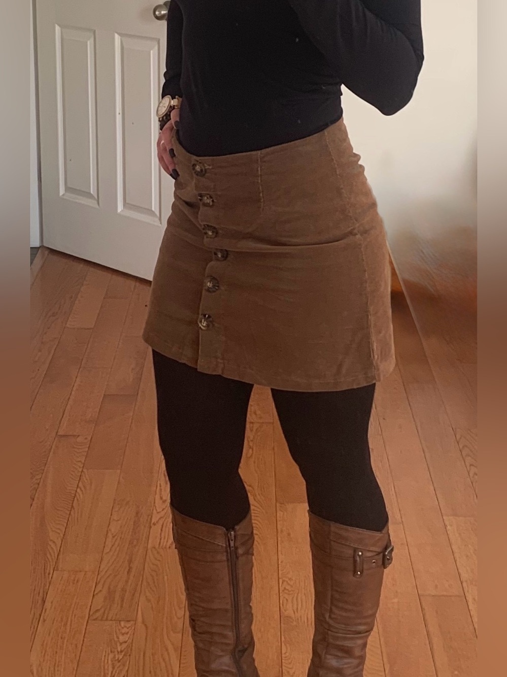 Button-Front Mini Skirt in Brown